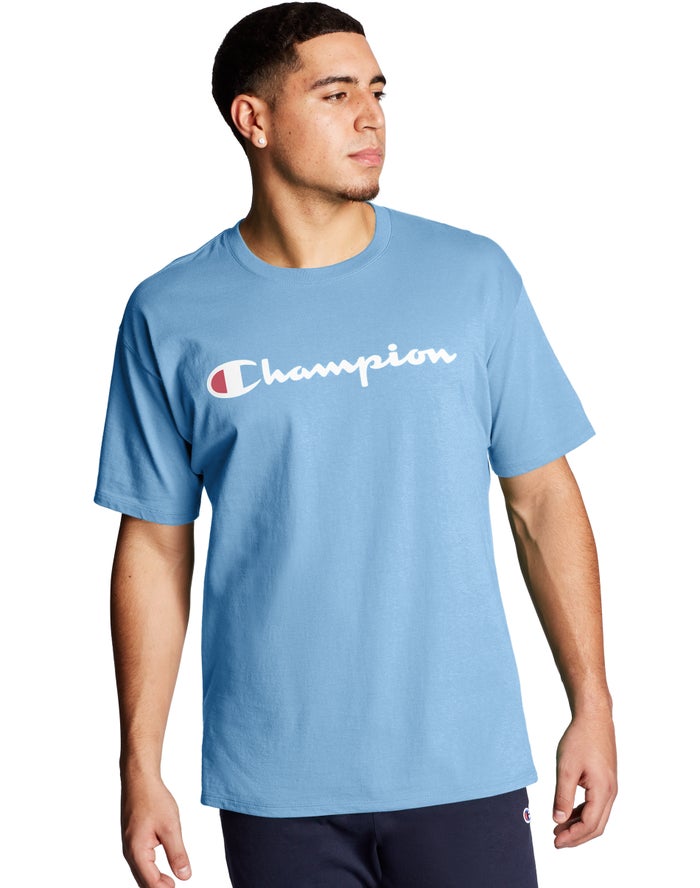 Champion Herre T-Shirts Blå - Classic Jersey Script Logo - Danmark GKT-637501